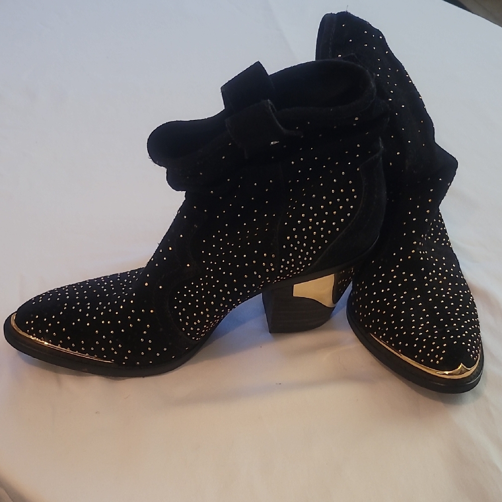 Western Style Black Suede and Gold Studded Ankle Boot.